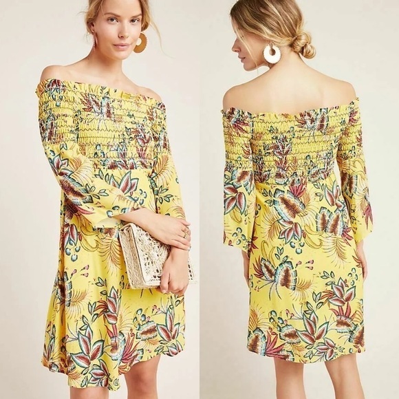 Farm Rio Dress Bria Smocked Mini Floral Off-Shoulder Yellow Multi XS EUC - Picture 1 of 8